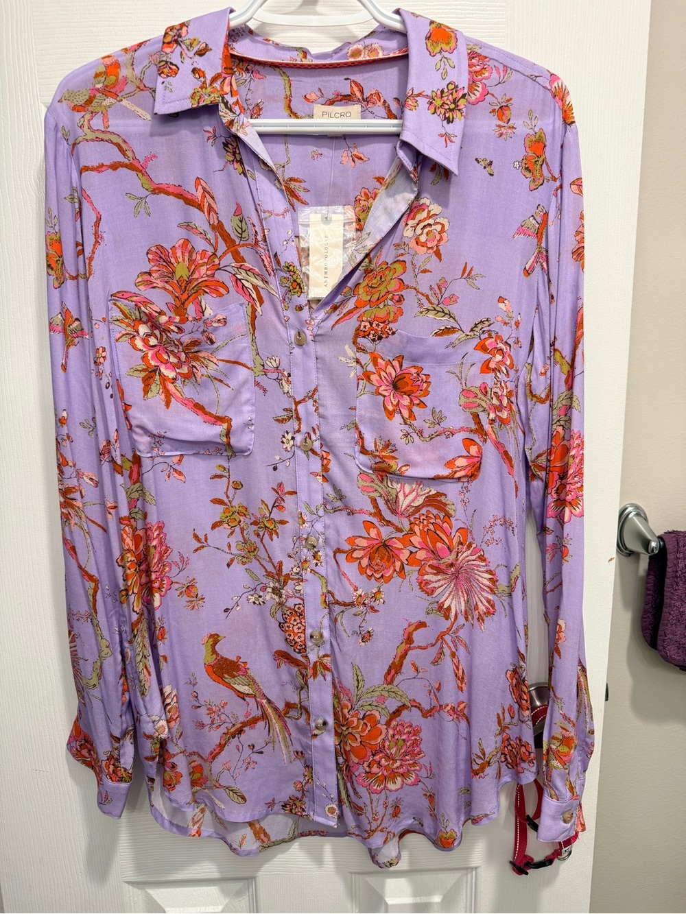 Pilcro Lavender Button-Down Shirt with Orange Floral Print